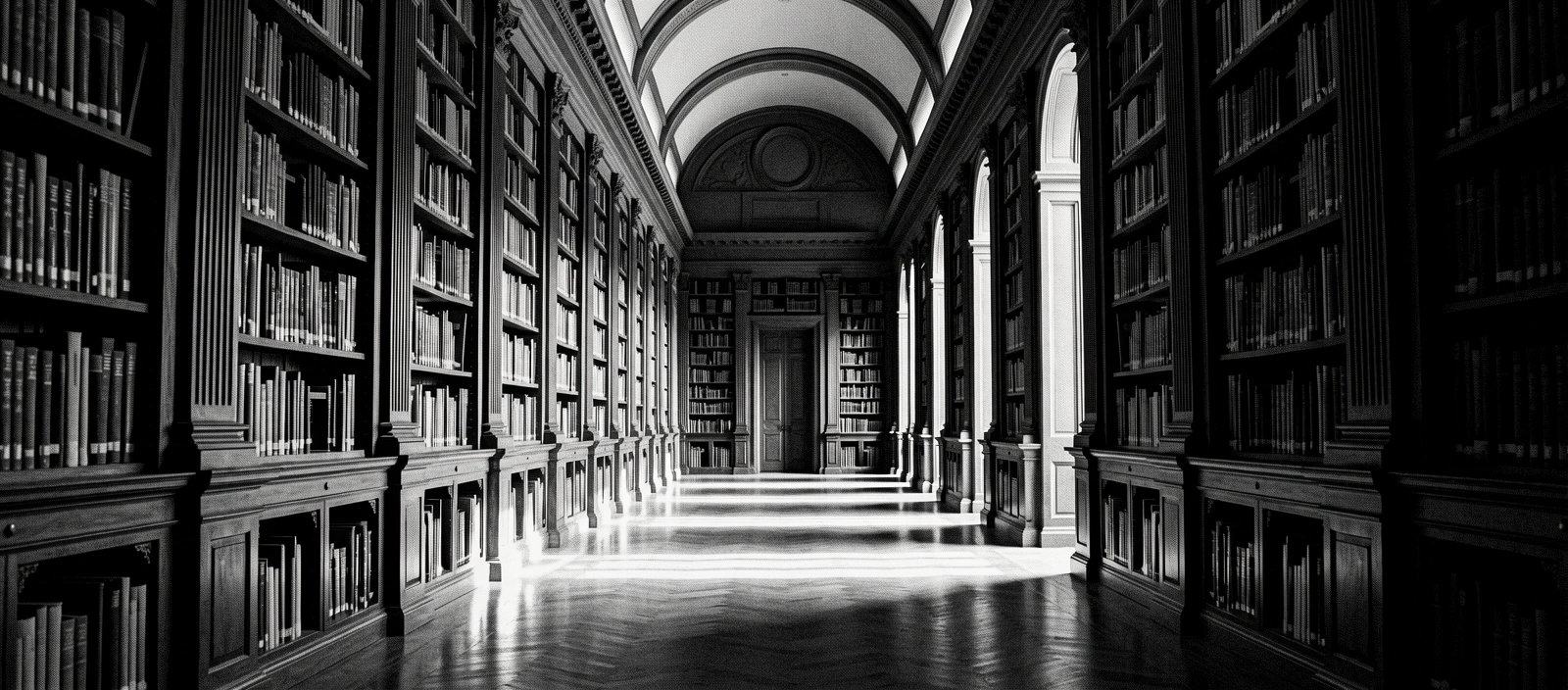 Pasillo de biblioteca monumental en penumbra